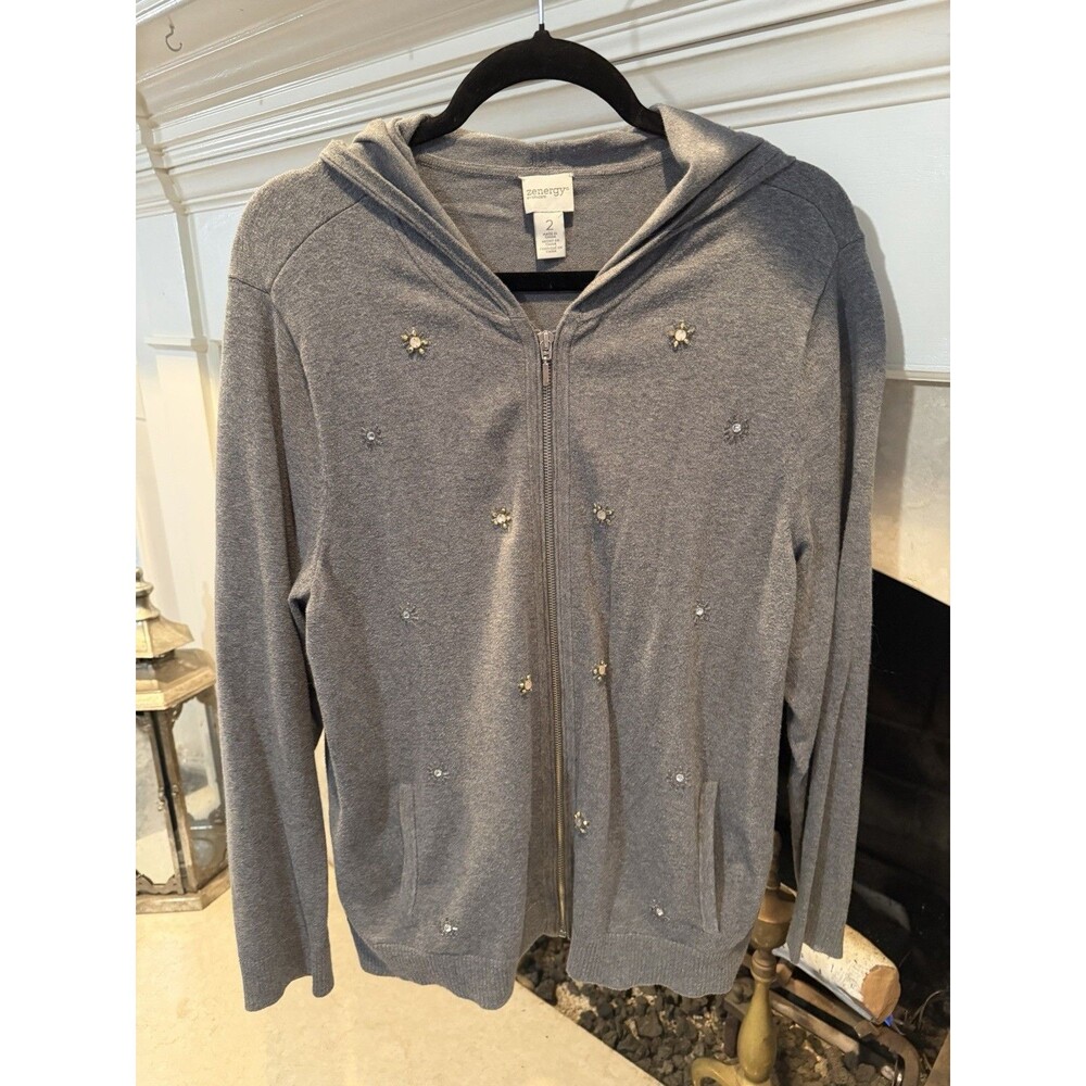 Chico’s Size Large Gray Long Sleeve Hooded Jewel Embellished Zip Front Jacket